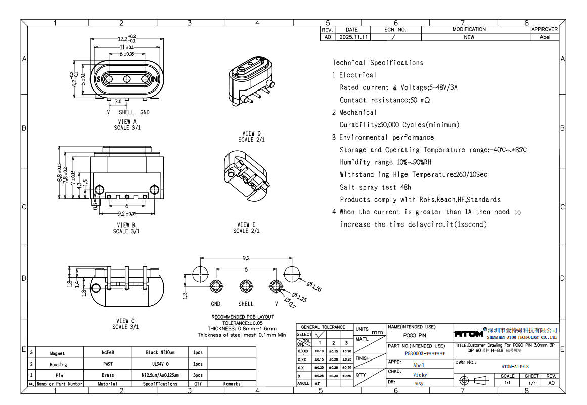 ATOM PG30003-C880400 3Pin Magnetic Pogo Pin Male Connectors